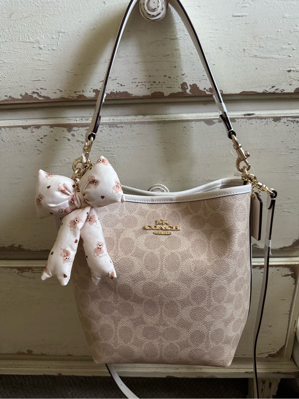 NWT Coach Mini City Bucket Crossbody Bag In Gold Sand Chalk Signature Canvas